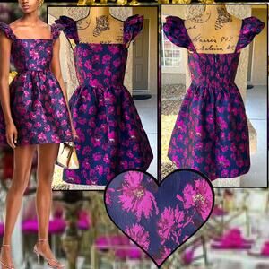 AQUA Floral Jacquard Navy multi Mini Dress Size Small